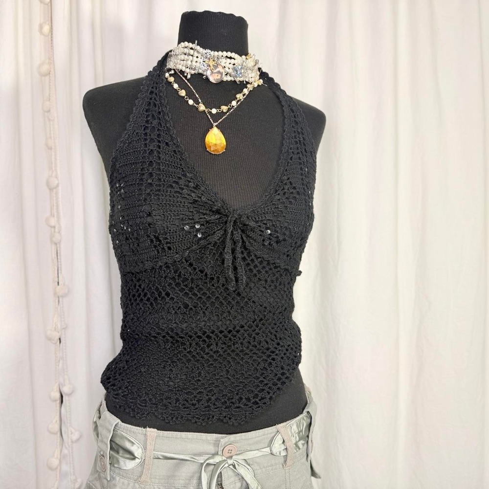 Y2K Black Crochet Sequin Halter Top- M